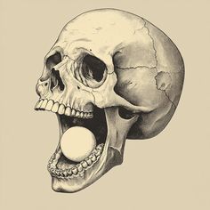 a drawing of a human skull with a ball in its mouth