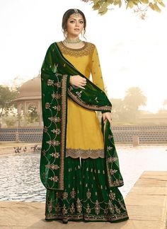 Fashion Forward Eid: The Most Beautiful and Trendsetting Dresses Yellow Punjabi Suit, Yellow Sharara Suits, Pakistani Gharara, Sharara Style, Yellow Sharara, Georgette Sharara, Gharara Suits, Sharara Designs, Lehenga Suit