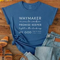 "Waymaker" "Promise Keeper" Graphic Tee. New. Sz Medium. Excellent Song On Christian Radio.... Rolled Sleeve. Religion, Religious, Christian, Church, Graphic, Music, Song, Lyrics, Worship, Faith Christian Concert, Slogan Graphic Tee, Promise Keeper, Christian Tshirt Design, Cut Off Shirt, Christian Song Lyrics, Circuit Ideas, Faith Clothing, Vintage Tee Shirts