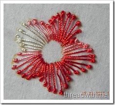 red and white beaded bracelets on a white background with the words thread art written below it