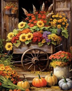 a painting of fall flowers and pumpkins in front of a wagon filled with hay