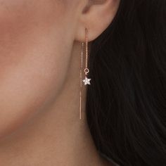 Earring Threader with Cubic Zirconia Star in Rose Gold Vermeil by Jungle Via Threader can be worn snug up to the Earlobe or pulled halfway dangling DETAILS Star 5mm x 8mm 3 1/2 inches long Brand Aesthetic, Threader Earrings, Personal Brand, Gym Workout, Gold Vermeil, Cubic Zirconia, Highlights, Rose Gold, Gym