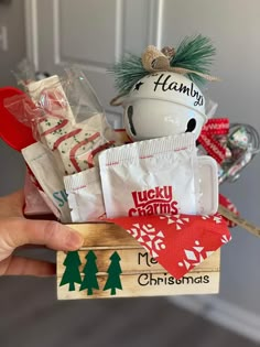 a person holding a box filled with christmas treats