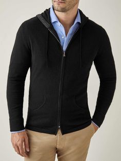 Our zip hoodie, knitted in Bergamo, Northern Italy from pure two-ply cashmere, offers an elevated approach to modern leisurewear. Designed with details that enhance both style and practicality, it features our signature Lanfranchi double-ended zipper and front hand pockets. Unlike our regular jumpers, this design features the fit of a polo, with straight arms and body. It will gently adapt to your body shape, offering an elegant drape that ensures a modern, comfortable silhouette.    We are prou Hoodies To Buy, Black Half-zip Hoodie With Ribbed Cuffs, Mens Black Zip Up Hoodie, High Neck Zip Sweater Men, Outdoor Half-zip Outerwear With Adjustable Hood, Black Zip Hoodie, Hoodie Jumper, Conversion Table, Misty Grey