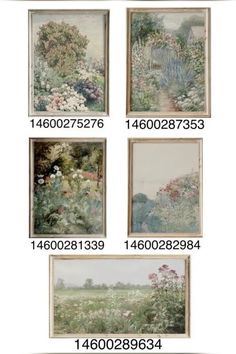 four framed pictures with flowers in them and numbers on the bottom one side, each showing different