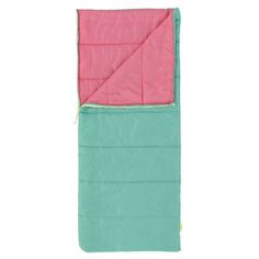 a pink and green sleeping bag on a white background