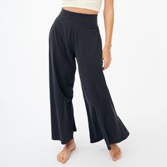 High-Waist Relaxed Wide-Leg Pant Relaxed Wide Leg Cotton Bottoms, Relaxed Wide-leg Cotton Bottoms, Solid Wide Leg Yoga Pants For Relaxation, Organic Cotton Lounge Pants With Elastic Waistband, Solid Color Wide Leg Yoga Pants For Relaxation, Casual Wide Leg Yoga Pants For Relaxation, Organic Cotton Pants With Elastic Waistband For Loungewear, Casual Straight Yoga Pants, Wide Leg Pants For Relaxation In Fall