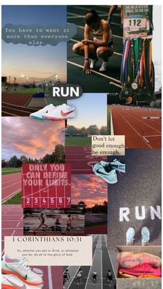 a collage of running images with the words run written in white and red on them