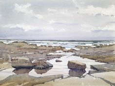 a watercolor painting of rocks on the beach