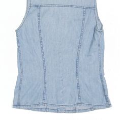 Item is in good used condition. >Size: L >Armpit To Armpit: 17" >Armpit To Cuff: N/A" >Collar To Hem: 24" Spring Medium Wash Denim Vest, Blue Denim Vest, Casual Blue Denim Vest Top, Medium Wash Cotton Sleeveless Vest, Fitted Light Wash Vest, Medium Wash Sleeveless Cotton Vest, Fitted Light Wash Sleeveless Vest, Medium Wash Sleeveless Tank Top For Spring, Casual Sleeveless Denim Tank Top