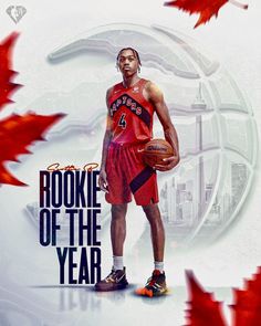 the basketball player is holding a ball in front of red maple leaves and an advertisement that says rocket of the year