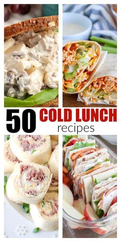 the collage shows different types of sandwiches and salads with text overlay that reads 50 cold lunch recipes