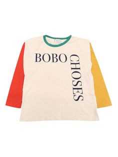 Bobo Choses Square Color Block T-shirtComposition: 100% ORGANIC COTTON Multicolor Cotton Top With Logo Print, Multicolor Long Sleeve T-shirt With Screen Print, Multicolor Graphic Tee With Logo Print, Multicolor Long Sleeve T-shirt With Text Print, Yellow Cotton Tops With Name Print, Green Long Sleeve Tops With Name Print, Kenzo Kids, Saint Laurent Shoes, Stella Mccartney Kids