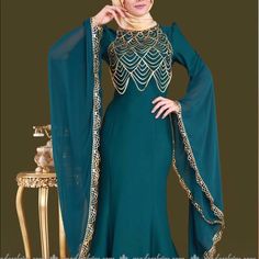 Beautiful Gown - Brand New With Tags. Floor-length Fitted Abaya For Party, Fitted Floor-length Party Abaya, Party Floor-length Fitted Abaya, Fitted Maxi Length Abaya For Party, Green Long-sleeved Party Abaya, Green Long Sleeve Abaya For Party, Fitted Maxi Length Party Abaya, Fitted Long Sleeve Green Abaya, Green Fitted Long Sleeve Abaya