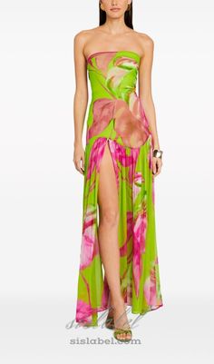 Made from luxurious silk, this dress features a flattering maxi length and a comfortable strapless design. Perfect for a day at the beach or a summer party, this dress will make you feel confident and stylish. Don't miss out on this must-have piece for your wardrobe! 100% Silk fuchsia pink/lime green all-over floral print side slit sheer hem concealed rear zip fastening ankle-length Dry Clean Only Colour may vary due to lighting on images. The product images (without model) are closest to the true colour of the product.Item runs true to size chart and is cut to suit our size chart. Please refer to our size chart for the best fit. Do not size up or down. Vacation Maxi Dress, Mexico Trip, Split Long Dress, Outfits Dress, Silk Chiffon Dress, Sheer Skirt, Strapless Maxi Dress, Women Long Dresses, Maxi Dress Party