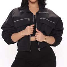 Nwt Windbreaker Jacket From Fashion Nova Never Worn. Color Black Trendy Long-sleeved Black Windbreaker, Trendy Black Windbreaker, Trendy Black Long Sleeve Windbreaker, Trendy Black Utility Jacket For Winter, Black Utility Jacket With Pockets For Fall, Black Spring Windbreaker With Pockets, Black Utility Jacket For Spring, Black Cropped Jacket With Pockets For Streetwear, Trendy Black Fall Windbreaker