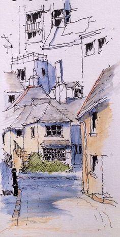 this is a drawing of a house in watercolor and ink