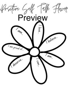 Positive self talk flower Elementary Counseling Lessons, Group Ideas For Mental Health, Positive Self Talk Worksheet, Positive Self Talk Activities, Positive Psychology Activities, Self Love Flower, Group Therapy Activities, Social Emotional Activities