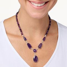 Jay King Gallery Collection Sterling Silver Amethyst Drop Necklace Stand out from the crowd in this elaborate, handcrafted sterling silver amethyst necklace from Jay's Gallery Collection. The exclusive design features dark purple African amethyst, in a design that's sure to add a touch of elegance to any ensemble!       Necklace approx. 18"L x 1/4"W with 2-3/4" extender     Drop approx. 1-13/16"L x 5/8"W     Stamped .925     Hook closure     Necklace has bezel-set, checkerboard-faceted, freeform Purple Sterling Silver Necklace With Gemstone Accents, Jewelry King, Faceted Bead Necklace, Necklace Stand, Beaded Jewellery, Gemstone Beaded Necklace, Color Bands, Amethyst Jewelry, Amethyst Beads