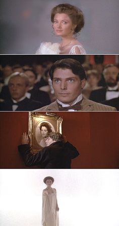 three different scenes from the same movie with one woman in white dress and another man in black suit