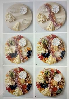 four pictures showing different types of buttons on the side of a white plate with leaves and flowers