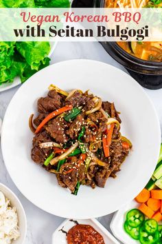 a white plate topped with beef and vegetables next to bowls of rice, carrots and broccoli