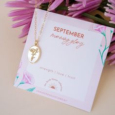 Introducing the September Birth Flower Necklace, a timeless and elegant addition to our Birth Flower Necklace Collection! This stunning necklace features the beautiful Morning Glory Flower, the birth flower for September, symbolizing strength & love. The intricate design of the pendant flawlessly captures the flower's delicate beauty. Whether you're looking for a thoughtful gift for someone special or a way to express your own unique style, the September Birth Flower Necklace is the perfect choi Birth Flower Necklace, Gift For Her, Spiritual Birth Flower Pendant Charm Necklace, Spiritual Birth Flower Pendant Necklace, Birth Flower Pendant Necklaces As Gift For Her, Birth Flower Pendant Necklace As Gift For Mom, Flower Pendant Necklace For Her With Birth Flower, Rose Gold Birth Flower Pendant Necklace, Mother's Day Flower Charm Necklace With Oval Pendant, Mother's Day Oval Pendant Necklace With Flower Charm