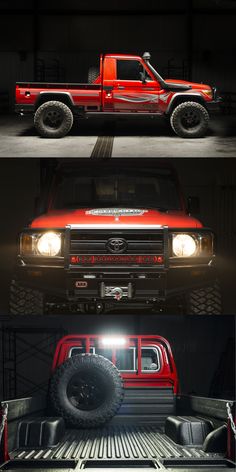 four different views of a red truck in the dark