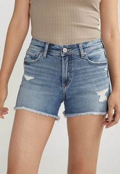 Silver Jeans Co.® Suki Curvy Mid Rise Luxe Stretch Frayed Hem 4in Short | Maurices Curvy Jeans, List Style, Silver Jeans, Small Waist, Waist Length, Stretch Fabric, Mid Rise, Hold On