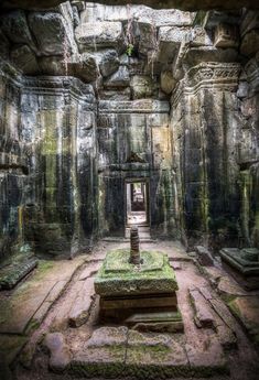 the interior of an ancient temple with moss growing on it