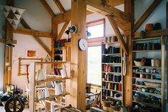 a room filled with lots of different types of crafting supplies on shelves next to a window