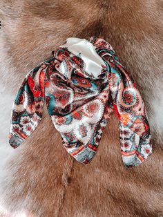 Rust and turquoise combined for the perfect fall combination 👌 36"×36" White Bohemian Scarf For Fall, Bohemian Paisley Print Scarves For Fall, Bohemian Patterned Scarves For Fall, Bohemian Paisley Print Scarf For Fall, Wild Rags Outfits Summer, Wild Rag Outfits Summer, Wild Rag Outfits Winter, Bohemian Bandana Print Patterned Scarves, Western Wild Rags