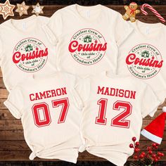 ⭐️ For single-side shirts WITHOUT names and numbers on the back, DM us or go to: https://www.etsy.com/listing/1774189951/cousin-crew-christmas-shirts-cousin-crew ! ⭐️   Cousin Crew Shirts, Matching Cousin Shirts for Kids through adults! Shop with Confidence! We are a 5-Star Rated Shop! Step up your cousin Christmas stepping into these Custom Christmas "Cousin Crew" t-shirts! Personalized with Age or Rank number on the back, these eye-catching shirts feature a bold, on-style, retro-inspired desig Christmas Shirts For Brother And Sister, Cousin Family Vacation Shirts, Cousins Crew Shirts, Cousin T Shirt Ideas, Cousin Christmas Shirts Funny, Cousin Crew Christmas Shirts, Christmas Cousin Crew Shirts, Cousins Christmas Shirts, Matching Cousin Shirts