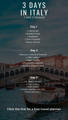 the 3 days in italy itiner list is shown with boats on the water and buildings