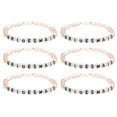 six bridesmaid bracelets with the words bridesmaid written in white and pink beads