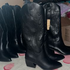 Brand New Never Worn Madden Nyc Tall Cowgirl Boots Black With Inside Zipper Sizes 6,7,7.5,8,9 Check Out The Matching Kids Pair! Cowgirl Boots Black, Tall Cowgirl Boots, Blowfish Sneakers, Snakeskin Ankle Boots, Black Ladybug, Black Cowgirl Boots, Barefoot Running Shoes, Black Lace Heels, Stacked Heel Boots