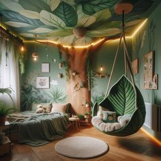 a bedroom decorated in green and white with a hanging hammock chair next to the bed