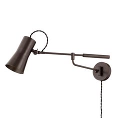 an image of a wall light with a cord attached to the arm and one bulb on it