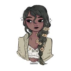 a drawing of a woman with long hair and flowers in her hair, wearing a white shirt