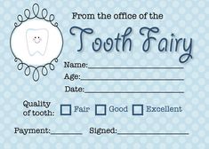 tooth fairy certificate is shown with an image of the tooth on it's front