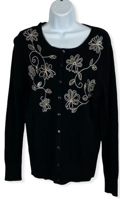 Charter Club M NWT Black Fine Gauge Cardigan Sweater Embroidered Beads Sequins armpit to armpit 18" sleeve length 25" sweater length 23" Embellished Long Sleeve Cardigan For Winter, Winter Embellished Long Sleeve Cardigan, Long Sleeve Embellished Cardigan For Winter, Fitted Long Sleeve Holiday Cardigan, Fitted Holiday Cardigan, Elegant Embroidered Spring Sweater, Embellished Long Sleeve Cardigan For Fall, Embellished Long Sleeve Cardigan, Embellished Fitted Sweater For Spring