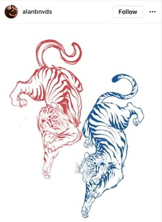 an image of two tigers in different colors on a white background, one is red and the other is blue