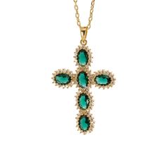 Passion Diamond & Green Jade Stone Cross Pendant Necklace - Green Elegant Gold-plated Emerald Clavicle Necklace, Formal Cross Pendant Gemstone Necklace, Formal Gemstone Cross Necklace, Elegant Gold Plated Cross Jewelry, Elegant Hallmarked Cross Pendant Jewelry, Elegant Gold Plated Emerald Pendant Necklace, Gold Necklace With Gemstone Cross Pendant, Elegant Gold-plated Emerald Pendant Necklace, Gold Necklaces With Gemstone Cross Pendant