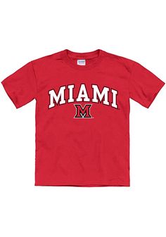 Your future Miami RedHawks will be ready for the game with this Miami RedHawks Youth Red Short Sleeve Tee. This Arch Mascot T-Shirt features a screen print team graphic on center chest. Red Cotton T-shirt With Team Name, Red Graphic Print T-shirt For School, Red Cotton Tops With Team Logo, Sporty Red Tops For School, Red School Spirit Tops For School, Red Short Sleeve Tops With Team Logo, Red Cotton School T-shirt, College Team Name Red T-shirt, Red School Spirit T-shirt With Letter Print