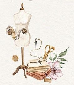 a drawing of a sewing machine with scissors and other items on it's stand