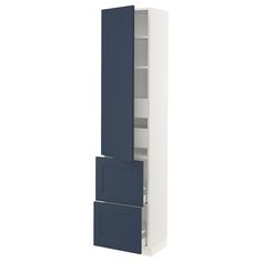 a white and blue cabinet with two doors on each side, one door open to reveal the other