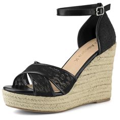 The lace espadrille wedges heel wedge sandals have lace upper and wedge heel to add a touch of style to your everyday look. Perfect for going to work or going out. Pair with your favorite dress, skirts, or shoes for a chic look.Espadrille Wedge Heel Wedge Sandals.Wedge Heel.Open Toe.Lace Decor.Buckle.Espadrilles.Ankle Strap.Platform.Vamp: Lace; Outsole: PVC, TPR; Heel: PVC, TPR.Heel Height: 4 1/2 inches.Platform Height: 1 3/8 inches. Size: 7. Color: black. Gender: female. Age Group: adult. Patte Lace Espadrilles, Womens Espadrilles Wedges, Lace Wedges, Dress Skirts, Sandals Wedge, Wedges Sandals, Women's Espadrilles, Ankle Strap Wedges, Lace Decor