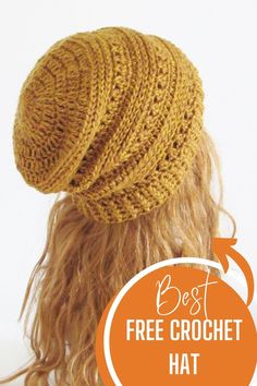 the back of a woman's head wearing a knitted hat with text overlay that says best free crochet hat