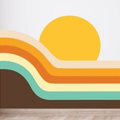 the sun is setting over the horizon wall decal in an empty room with wood flooring