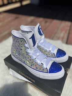 Bling Tennis Shoes, Bling Converse Shoes, Shoes Quinceanera, Customized Converse, Quince Shoes, Bling Sneakers, Quinceanera Shoes, Blue Quinceanera